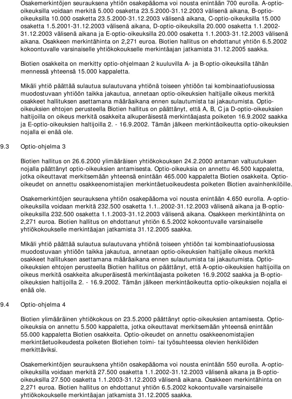 000 osaketta 1.1.2003-31.12.2003 välisenä aikana. Osakkeen merkintähinta on 2,271 euroa. Biotien hallitus on ehdottanut yhtiön 6.5.