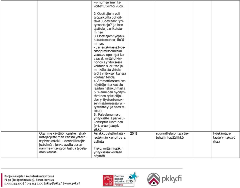 Opettajien työpaikkatuntemuksen lisääminen: - Järjestelmässä työssäoppimispaikkakuvaus => opettajat kuvaavat, mitä tutkinnonosia yrityksessä voidaan suorittaa ja minkälaista yhteistyötä yrityksen