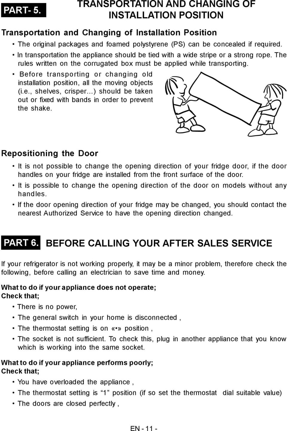 Before transporting or changing old installation position, all the moving objects (i.e., shelves, crisper ) should be taken out or fixed with bands in order to prevent the shake.