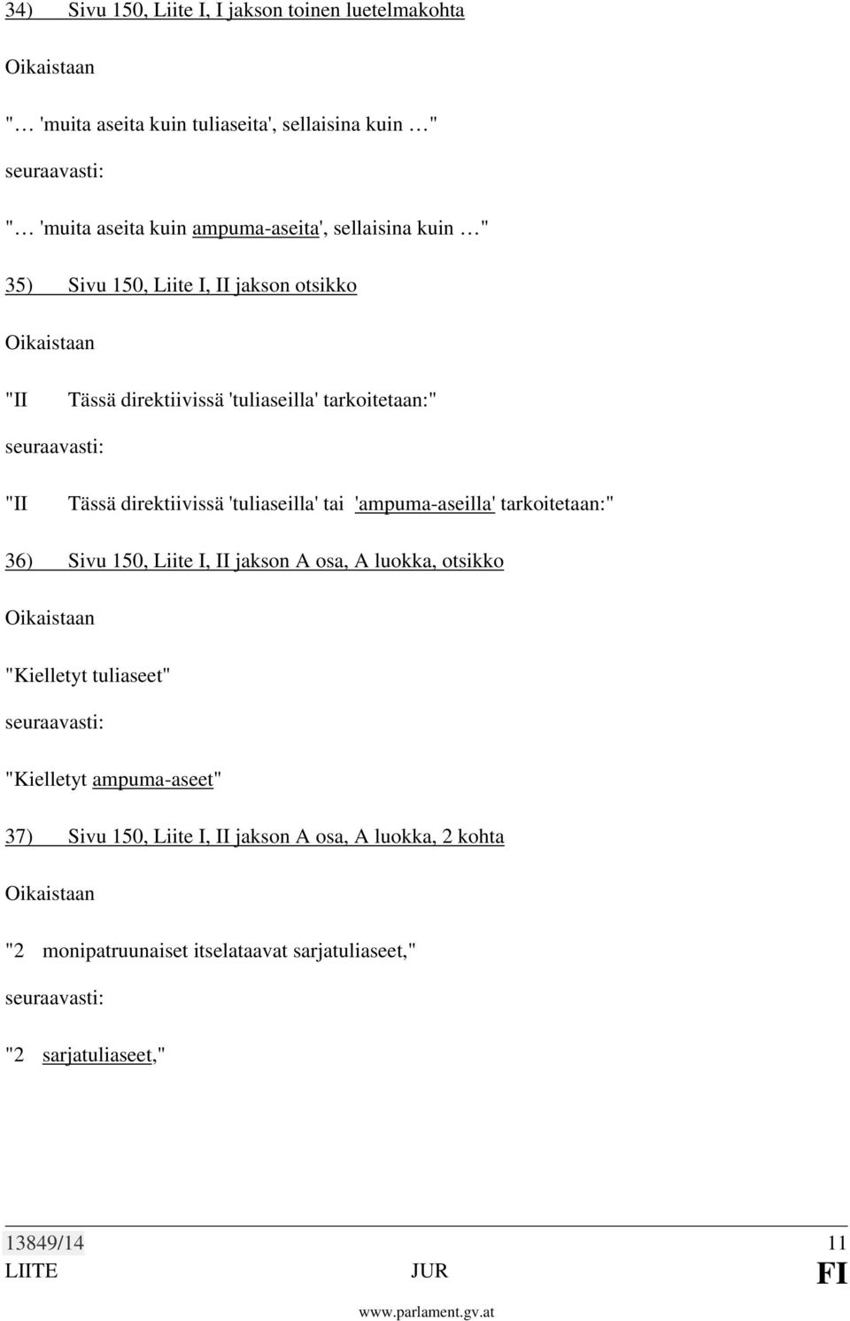 'tuliaseilla' tai 'ampuma-aseilla' tarkoitetaan:" 36) Sivu 150, Liite I, II jakson A osa, A luokka, otsikko "Kielletyt tuliaseet" "Kielletyt