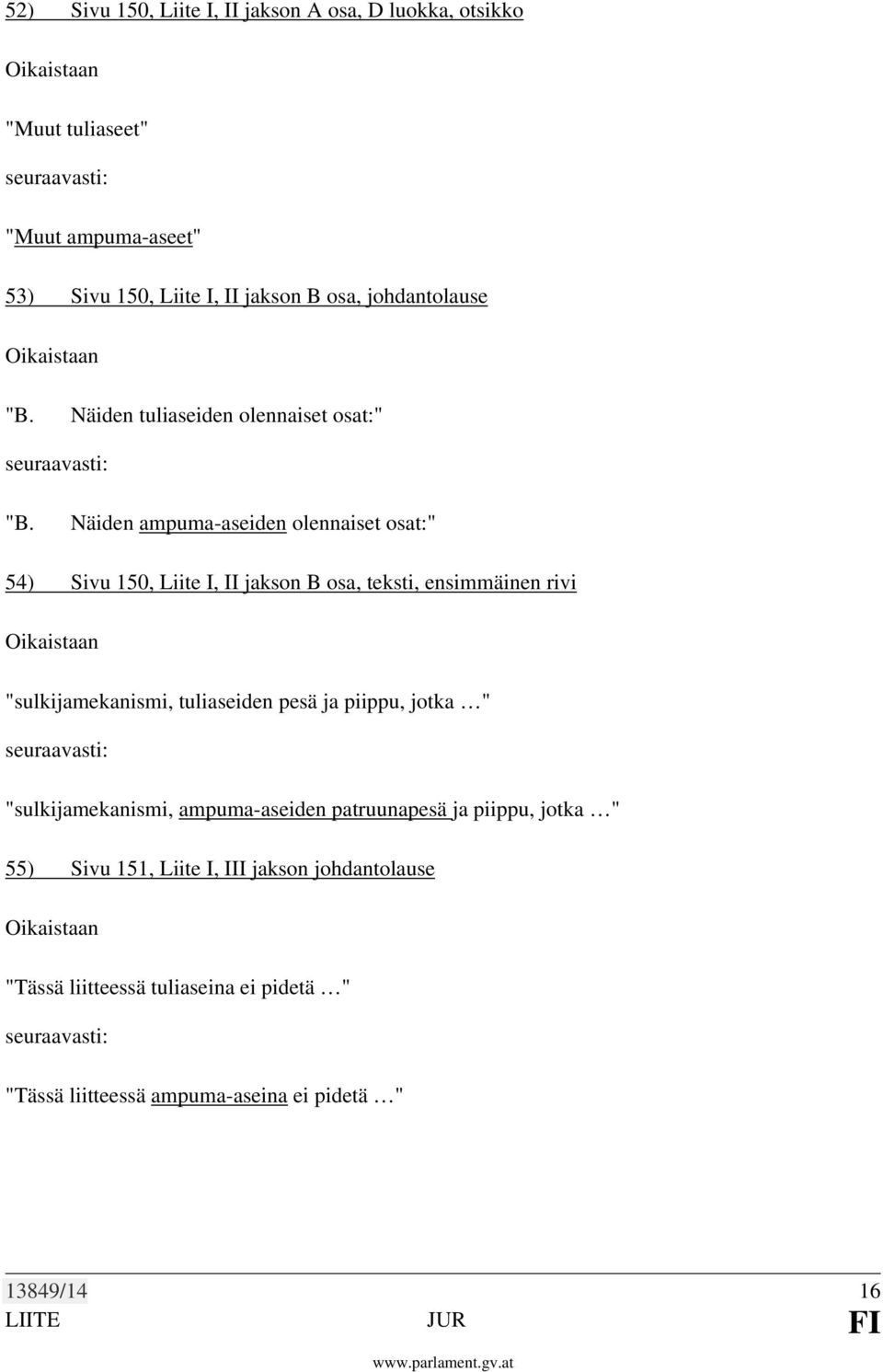 Näiden ampuma-aseiden olennaiset osat:" 54) Sivu 150, Liite I, II jakson B osa, teksti, ensimmäinen rivi "sulkijamekanismi, tuliaseiden pesä