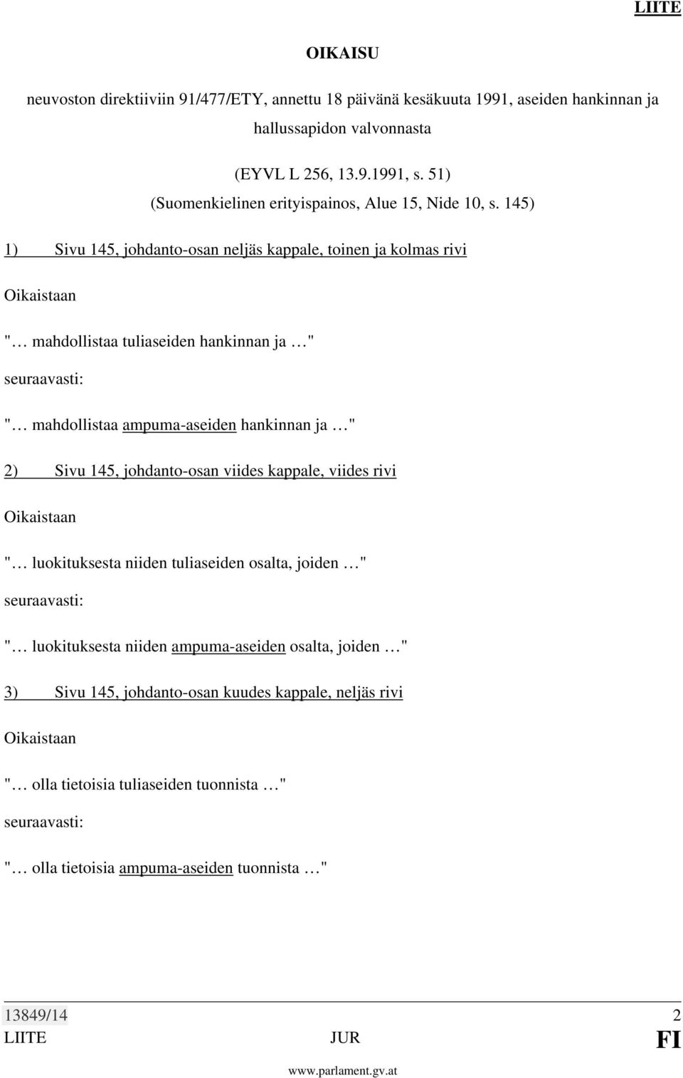 145) 1) Sivu 145, johdanto-osan neljäs kappale, toinen ja kolmas rivi " mahdollistaa tuliaseiden hankinnan ja " " mahdollistaa ampuma-aseiden hankinnan ja " 2) Sivu 145,