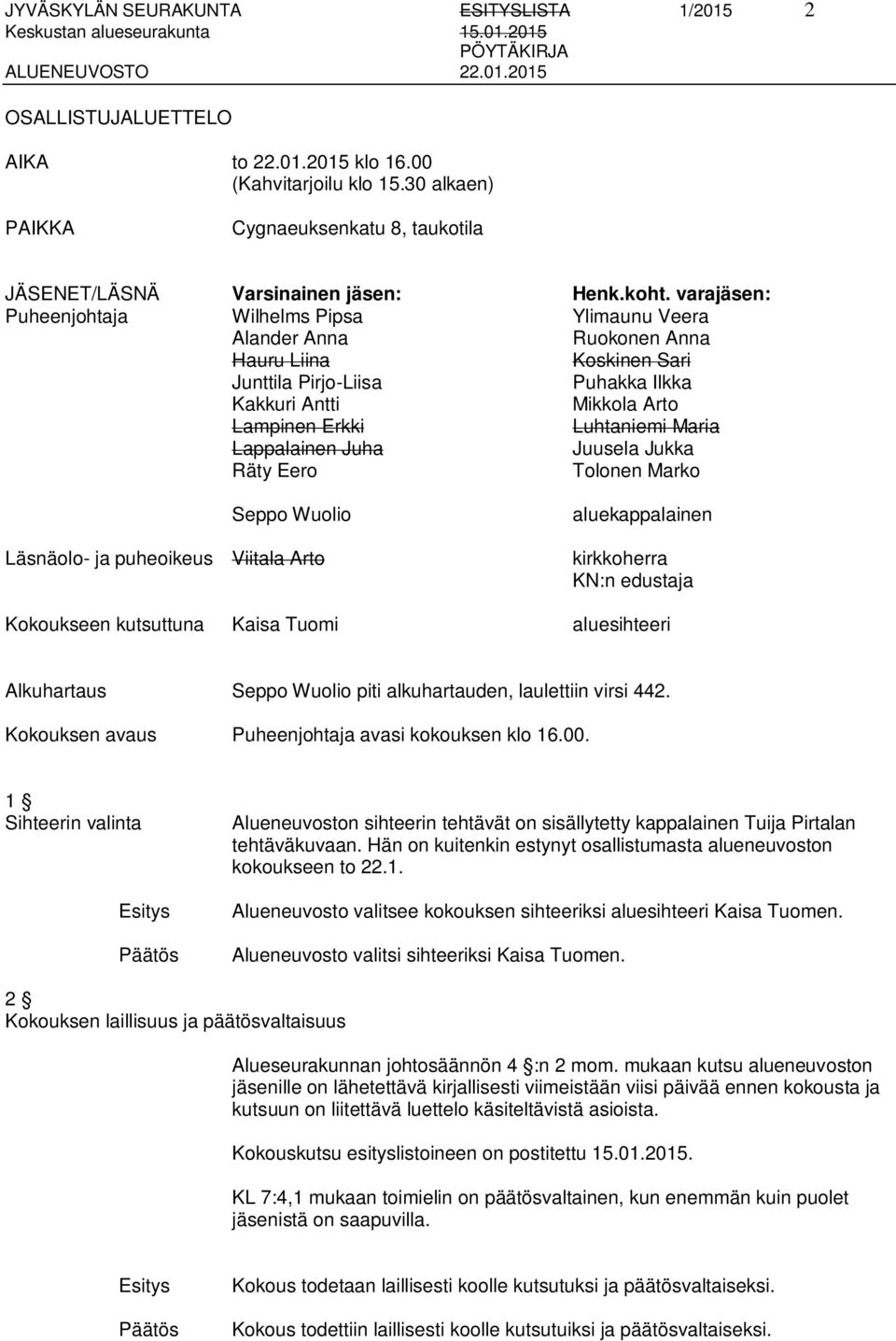 Luhtaniemi Maria Lappalainen Juha Juusela Jukka Räty Eero Tolonen Marko Seppo Wuolio Läsnäolo- ja puheoikeus Viitala Arto Kokoukseen kutsuttuna Kaisa Tuomi aluekappalainen kirkkoherra KN:n edustaja