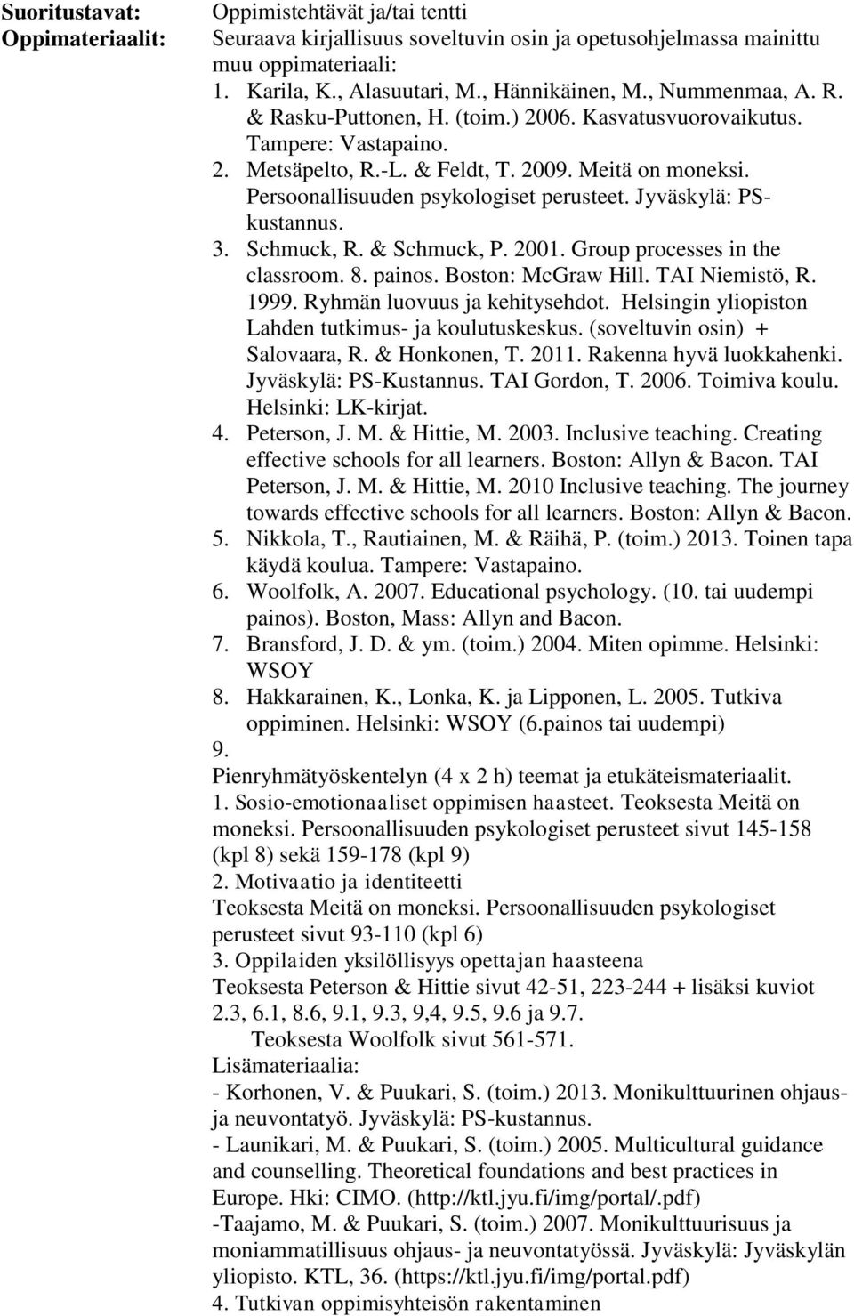 Jyväskylä: PSkustannus. 3. Schmuck, R. & Schmuck, P. 2001. Group processes in the classroom. 8. painos. Boston: McGraw Hill. TAI Niemistö, R. 1999. Ryhmän luovuus ja kehitysehdot.