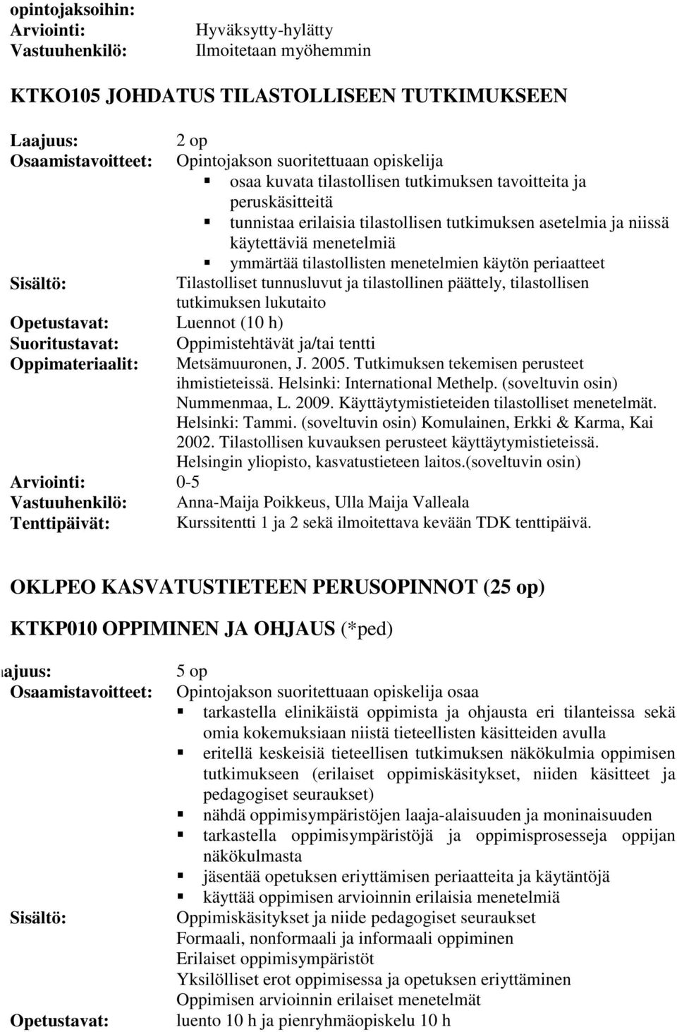 Luennot (10 h) Oppimistehtävät ja/tai tentti Metsämuuronen, J. 2005. Tutkimuksen tekemisen perusteet ihmistieteissä. Helsinki: International Methelp. (soveltuvin osin) Nummenmaa, L. 2009.