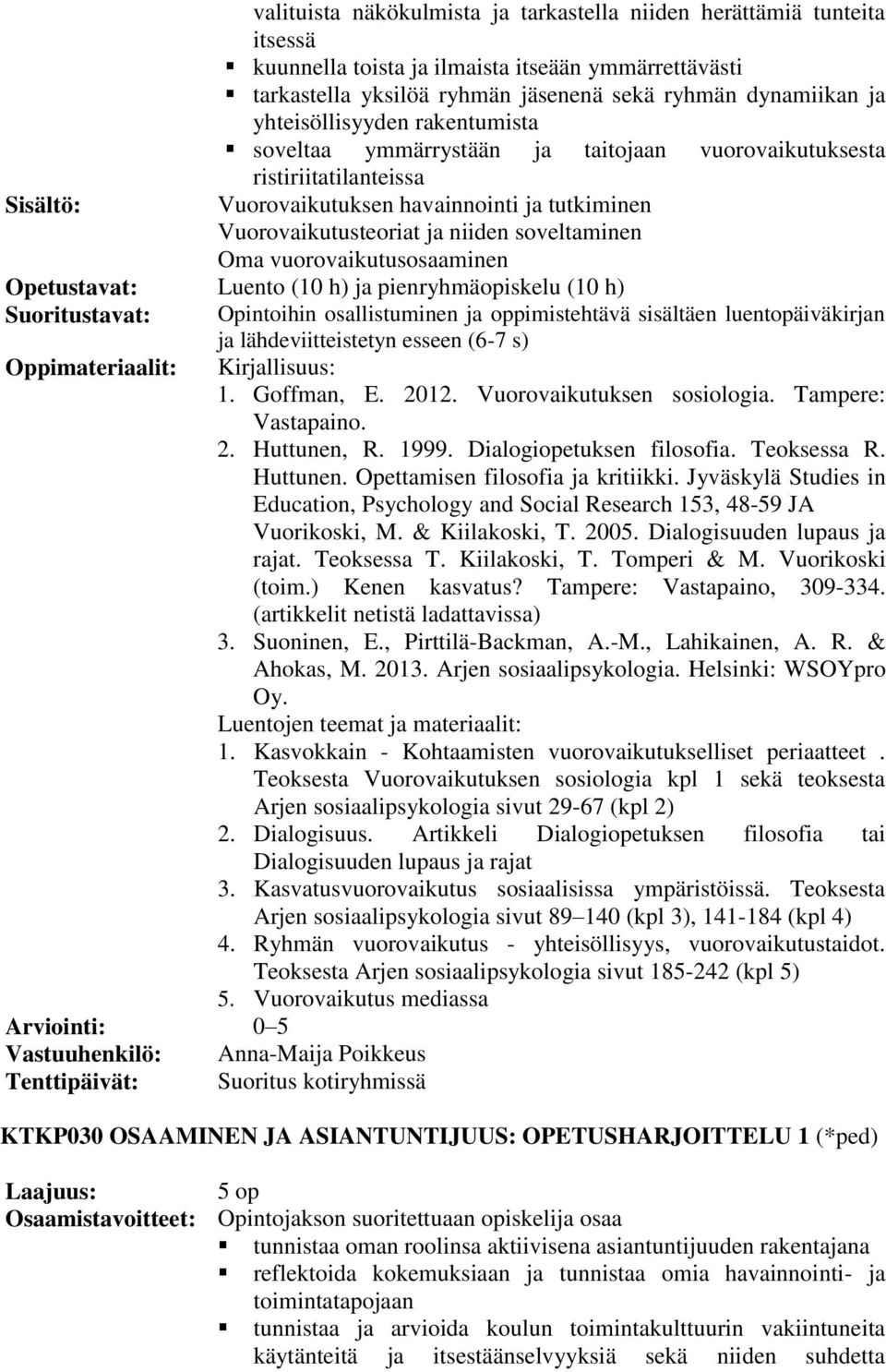 vuorovaikutusosaaminen Luento (10 h) ja pienryhmäopiskelu (10 h) Opintoihin osallistuminen ja oppimistehtävä sisältäen luentopäiväkirjan ja lähdeviitteistetyn esseen (6-7 s) Kirjallisuus: 1.