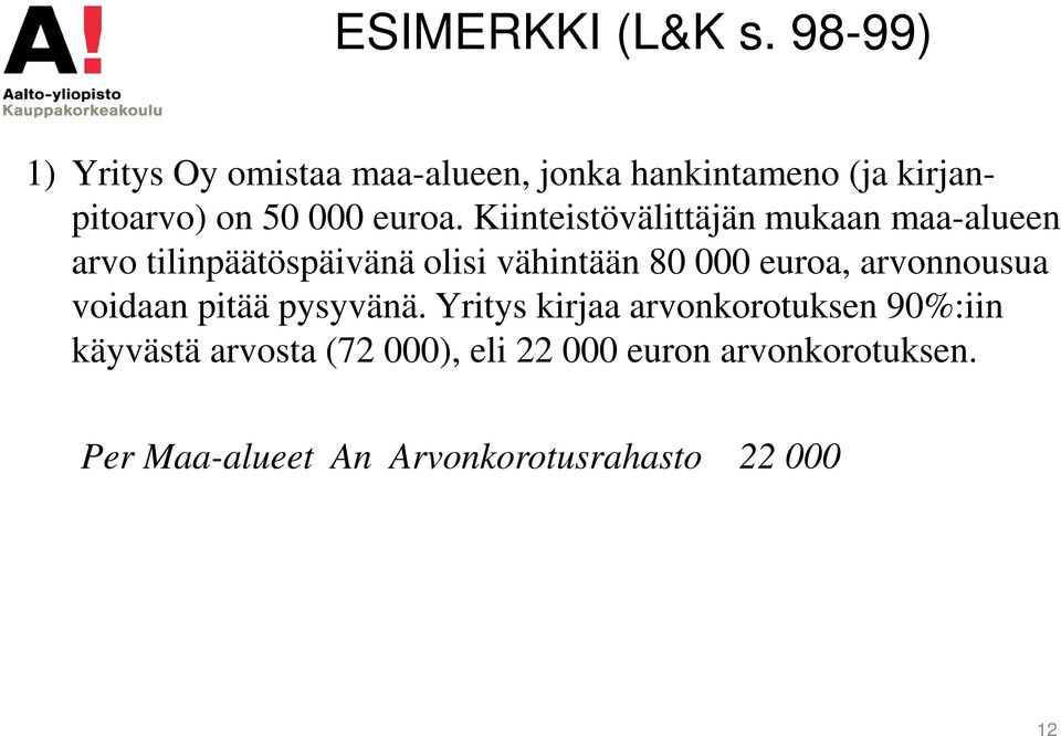 Kiinteistövälittäjän mukaan maa-alueen arvo tilinpäätöspäivänä olisi vähintään 80 000 euroa,