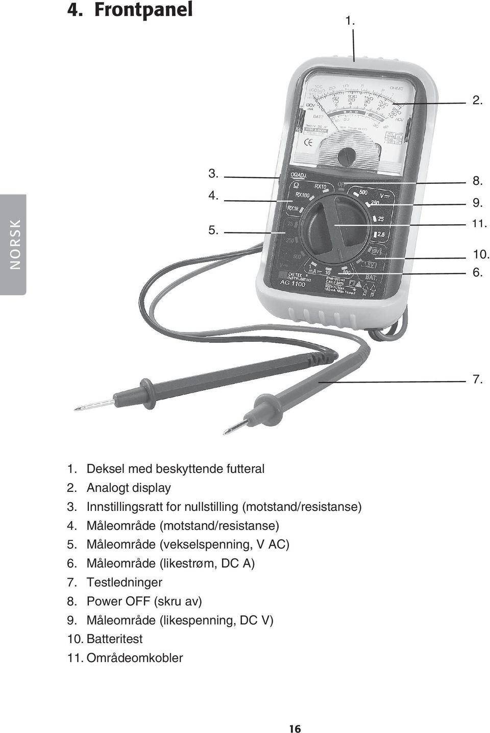 Måleområde (motstand/resistanse) 5. Måleområde (vekselspenning, V AC) 6.