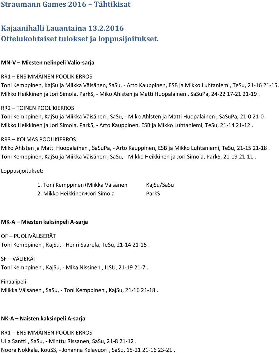 Mikko Heikkinen ja Jori Simola, ParkS, - Miko Ahlsten ja Matti Huopalainen, SaSuPa, 24-22 17-21 21-19.