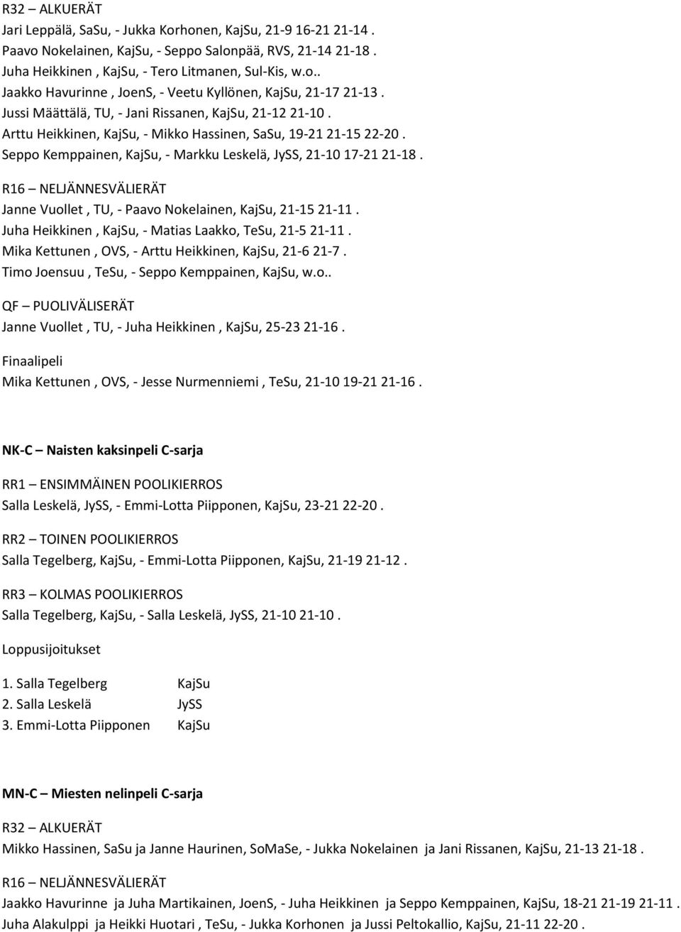 R16 NELJÄNNESVÄLIERÄT Janne Vuollet, TU, - Paavo Nokelainen, KajSu, 21-15 21-11. Juha Heikkinen, KajSu, - Matias Laakko, TeSu, 21-5 21-11. Mika Kettunen, OVS, - Arttu Heikkinen, KajSu, 21-6 21-7.