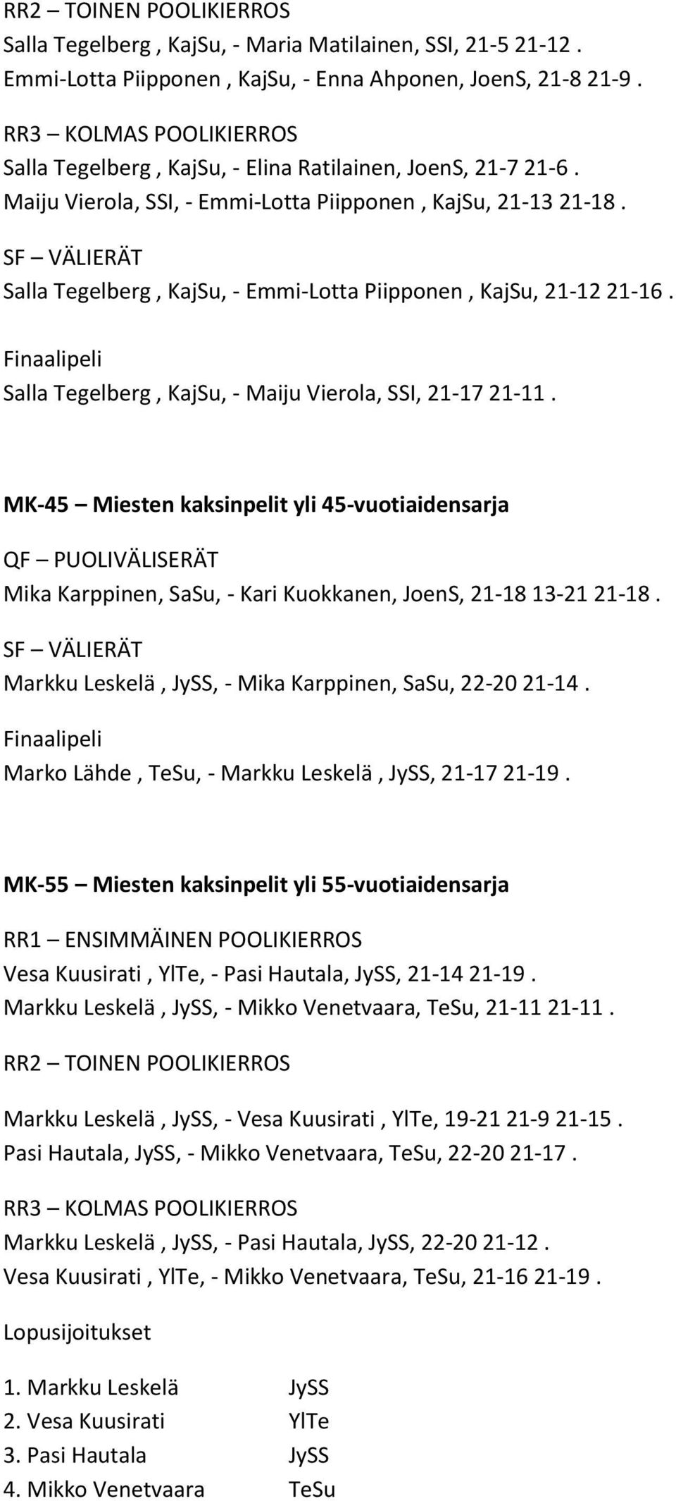 MK-45 Miesten kaksinpelit yli 45-vuotiaidensarja Mika Karppinen, SaSu, - Kari Kuokkanen, JoenS, 21-18 13-21 21-18. Markku Leskelä, JySS, - Mika Karppinen, SaSu, 22-20 21-14.