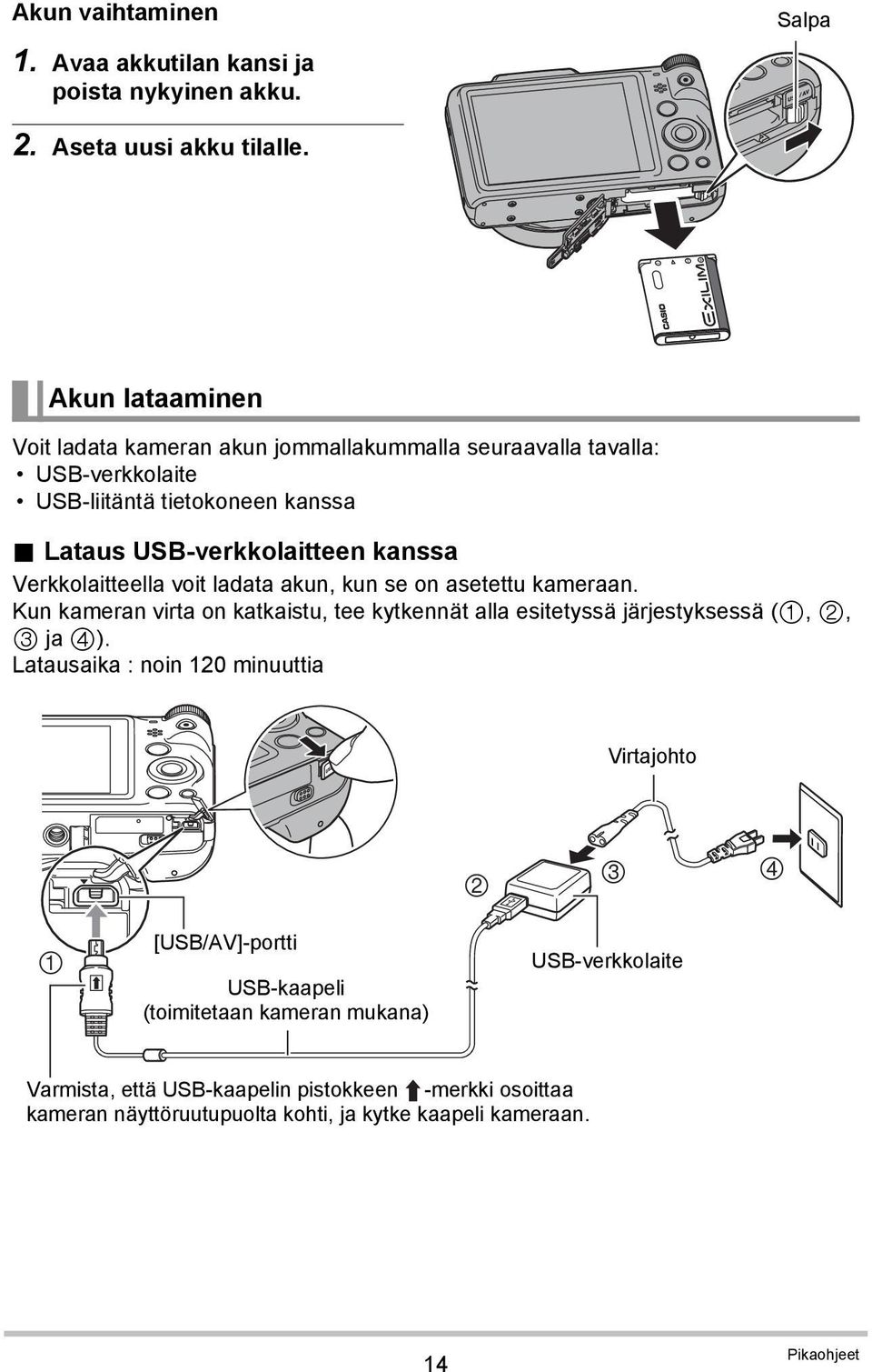 Lataus USB-verkkolaitteen kanssa Verkkolaitteella voit ladata akun, kun se on asetettu kameraan.