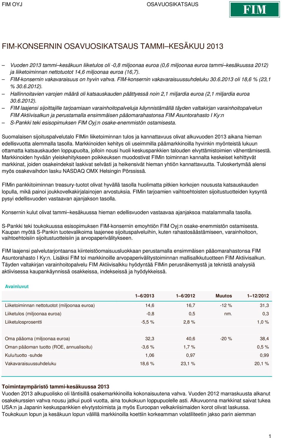 Hallinnoitavien varojen määrä oli katsauskauden päättyessä noin 2,1 miljardia euroa (2,1 miljardia euroa 30.6.2012).