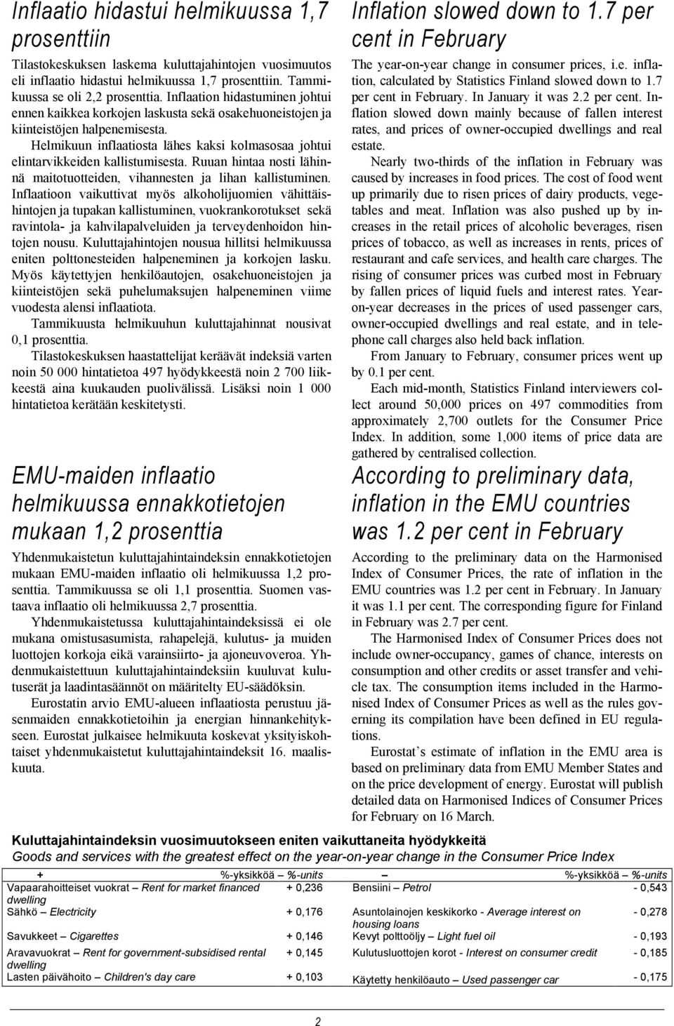 Helmikuun inflaatiosta lähes kaksi kolmasosaa johtui elintarvikkeiden kallistumisesta. Ruuan hintaa nosti lähinnä maitotuotteiden, vihannesten ja lihan kallistuminen.