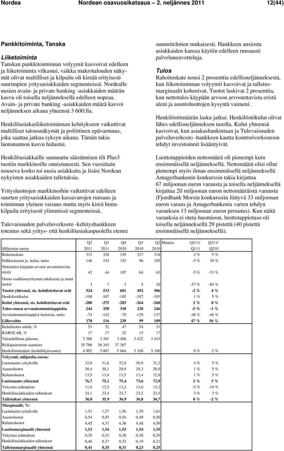 oli kireää erityisesti suurimpien yritysasiakkaiden segmenteissä. Nordealle uusien avain- ja private banking -asiakkaiden määrän kasvu oli toisella neljänneksellä edelleen nopeaa.