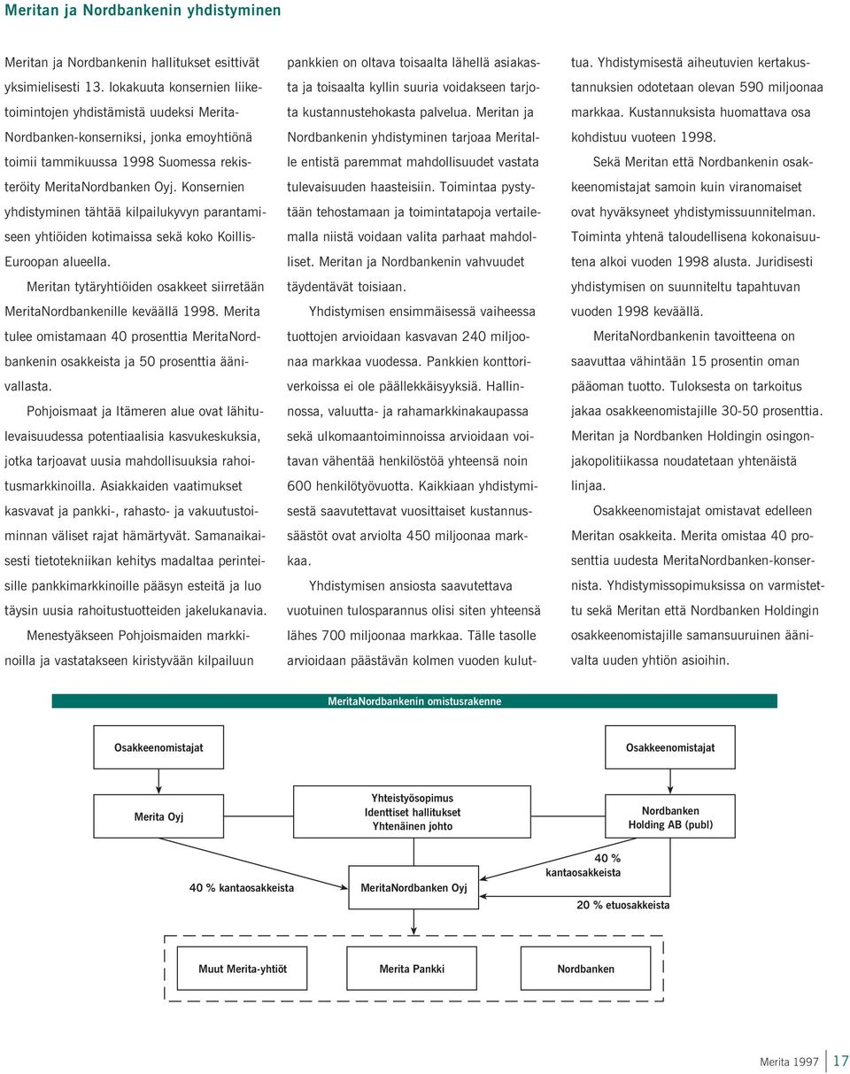 lokakuuta konsernien liiketoimintojen yhdistämistä uudeksi Merita- Nordbanken-konserniksi, jonka emoyhtiönä toimii tammikuussa 998 Suomessa rekisteröity MeritaNordbanken Oyj.