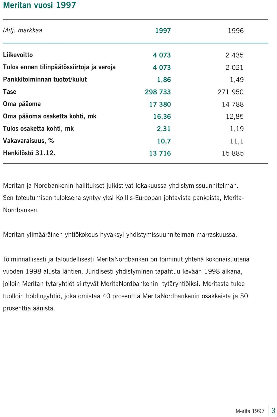 2. 4 073 2 435 4 073 2 02,86,49 298 733 27 950 7 380 4 788 6,36 2,85 2,3,9 0,7, 3 76 5 885 Meritan ja Nordbankenin hallitukset julkistivat lokakuussa yhdistymissuunnitelman.