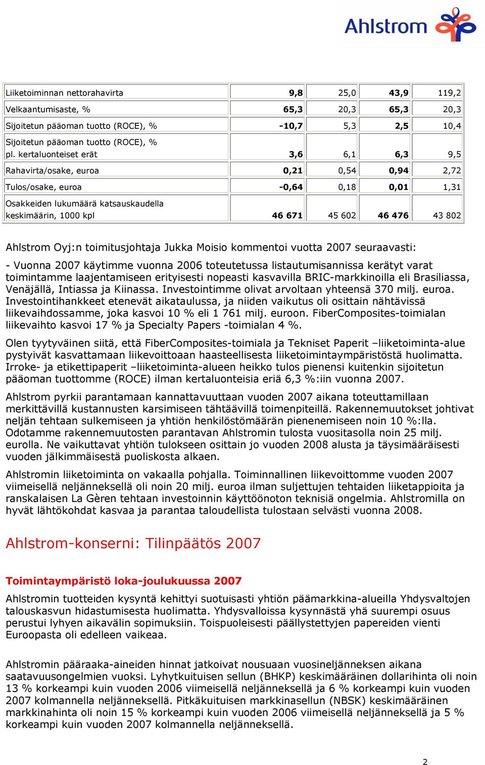 43 802 Ahlstrom Oyj:n toimitusjohtaja Jukka Moisio kommentoi vuotta 2007 seuraavasti: - Vuonna 2007 käytimme vuonna 2006 toteutetussa listautumisannissa kerätyt varat toimintamme laajentamiseen