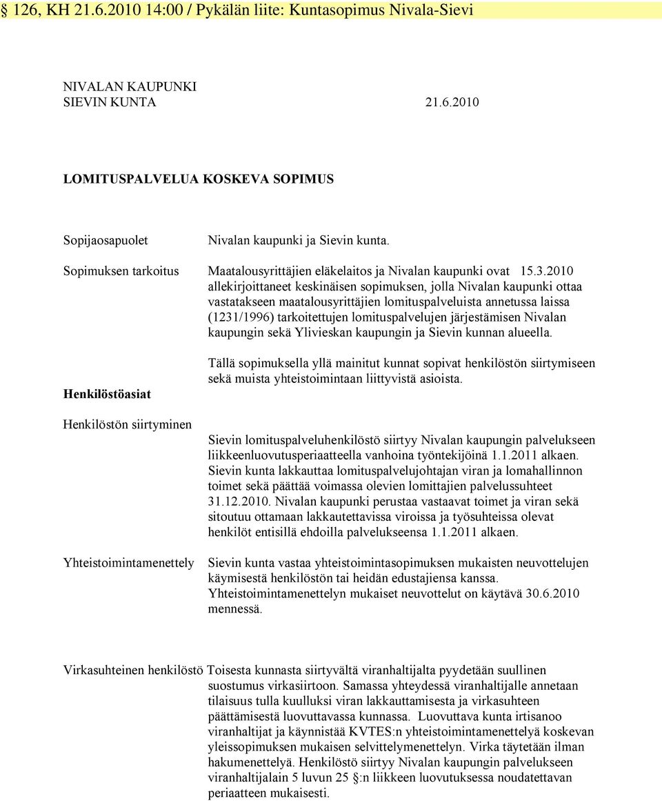 2010 allekirjoittaneet keskinäisen sopimuksen, jolla Nivalan kaupunki ottaa vastatakseen maatalousyrittäjien lomituspalveluista annetussa laissa (1231/1996) tarkoitettujen lomituspalvelujen