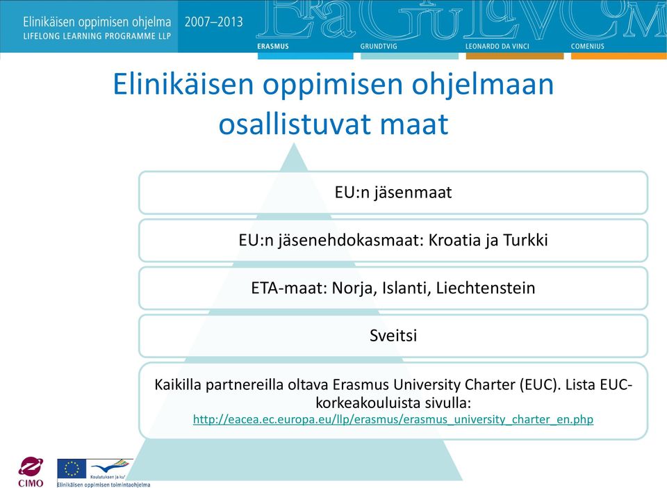 Sveitsi Kaikilla partnereilla oltava Erasmus University Charter (EUC).