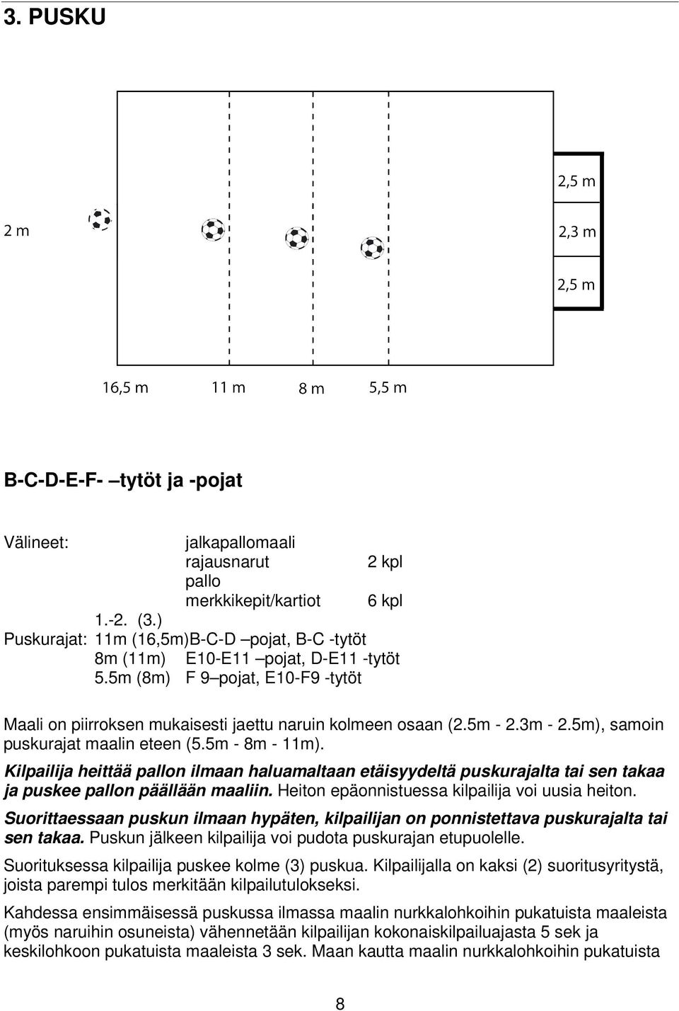 5m), samoin puskurajat maalin eteen (5.5m - 8m - 11m). Kilpailija heittää pallon ilmaan haluamaltaan etäisyydeltä puskurajalta tai sen takaa ja puskee pallon päällään maaliin.