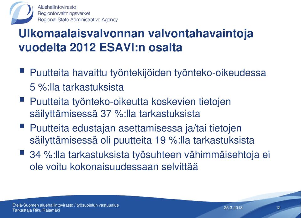 37 %:lla tarkastuksista Puutteita edustajan asettamisessa ja/tai tietojen säilyttämisessä oli puutteita 19