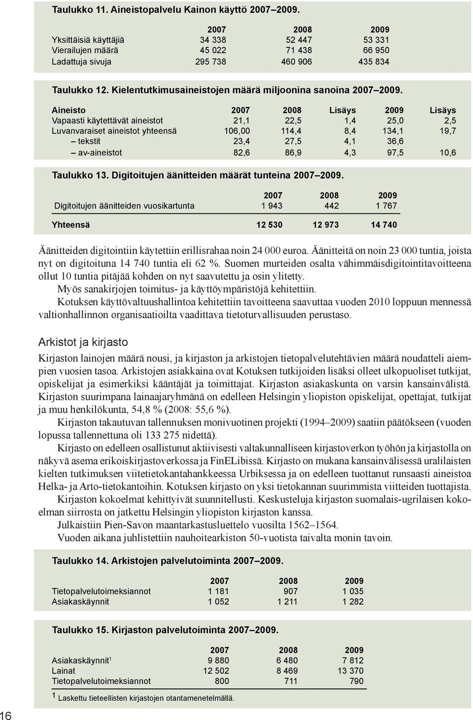 Kielentutkimusaineistojen määrä miljoonina sanoina 2007 2009.