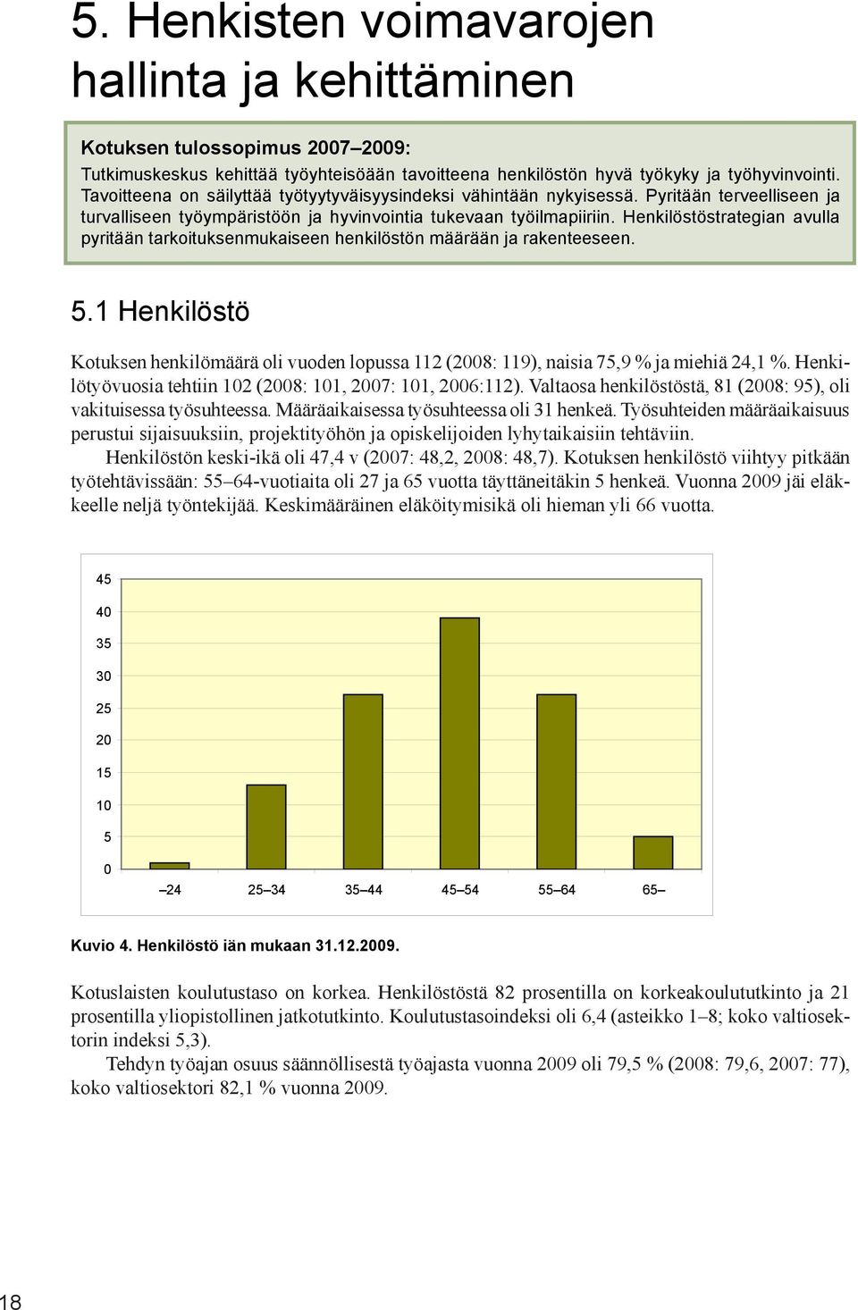 Henkilöstöstrategian avulla pyritään tarkoituksenmukaiseen henkilöstön määrään ja rakenteeseen. 5.1 Henkilöstö Kotuksen henkilömäärä oli vuoden lopussa 112 (2008: 119), naisia 75,9 % ja miehiä 24,1 %.