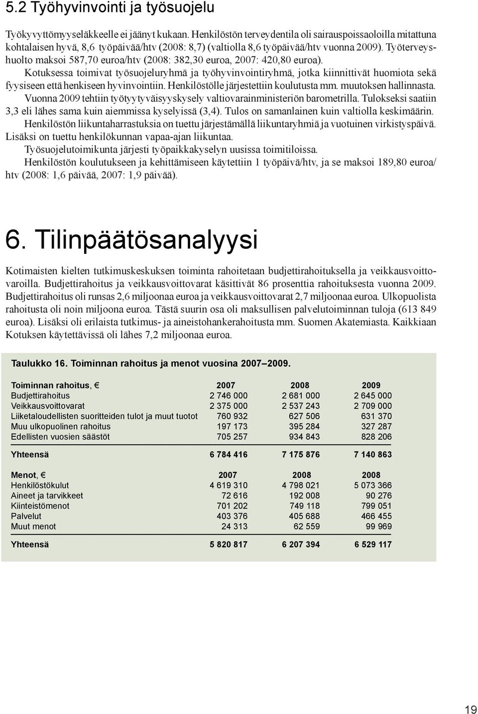 Työterveyshuolto maksoi 587,70 euroa/htv (2008: 382,30 euroa, 2007: 420,80 euroa).