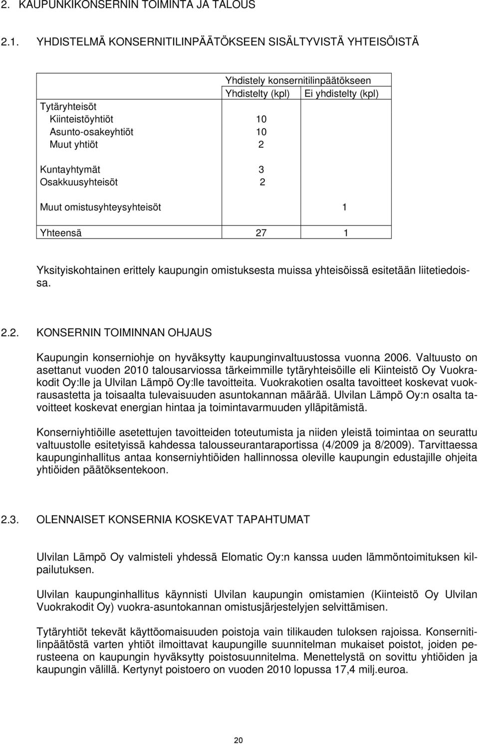 2 Kuntayhtymät 3 Osakkuusyhteisöt 2 Muut omistusyhteysyhteisöt 1 Yhteensä 27 1 Yksityiskohtainen erittely kaupungin omistuksesta muissa yhteisöissä esitetään liitetiedoissa. 2.2. KONSERNIN TOIMINNAN OHJAUS Kaupungin konserniohje on hyväksytty kaupunginvaltuustossa vuonna 2006.