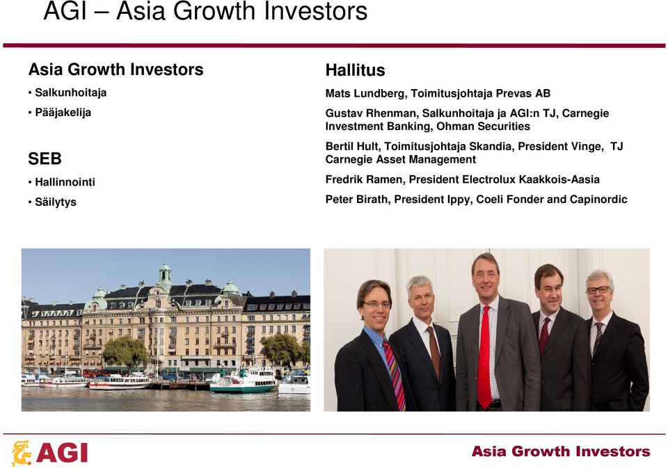 Securities SEB Bertil Hult, Toimitusjohtaja Skandia, President Vinge, TJ Carnegie Asset Management