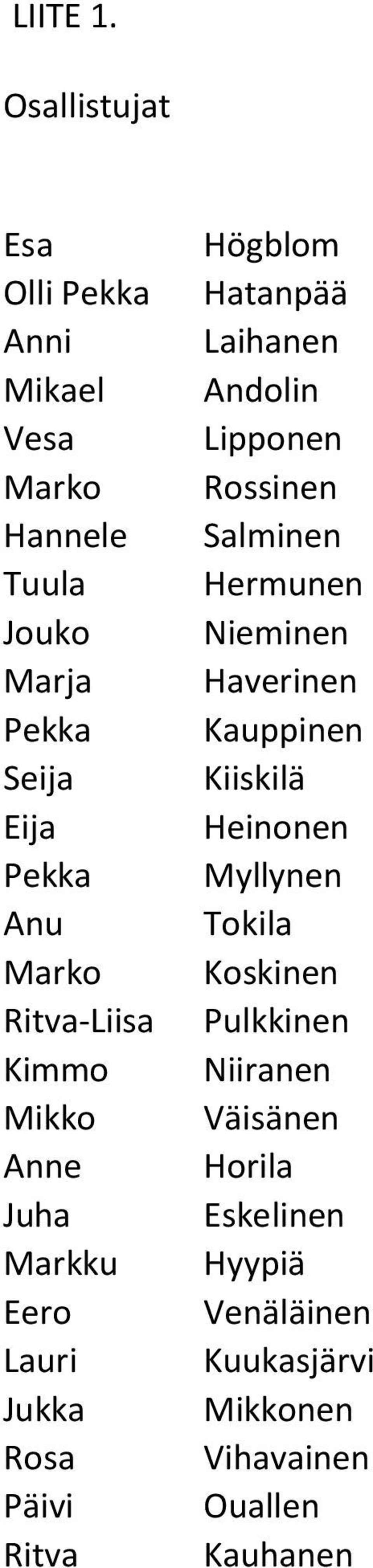 Salminen Tuula Hermunen Jouko Nieminen Marja Haverinen Pekka Kauppinen Seija Kiiskilä Eija Heinonen Pekka