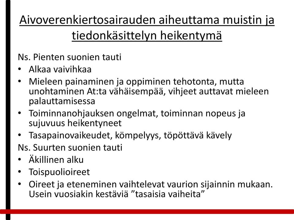 auttavat mieleen palauttamisessa Toiminnanohjauksen ongelmat, toiminnan nopeus ja sujuvuus heikentyneet Tasapainovaikeudet,