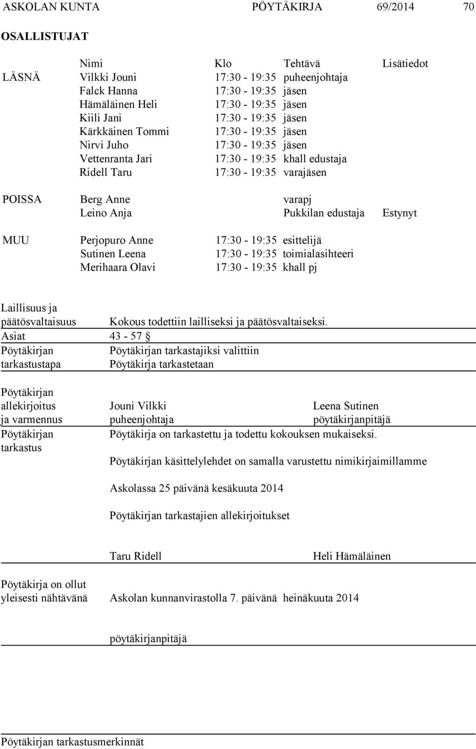 Pukkilan edustaja Estynyt MUU Perjopuro Anne 17:30-19:35 esittelijä Sutinen Leena 17:30-19:35 toimialasihteeri Merihaara Olavi 17:30-19:35 khall pj Laillisuus ja päätösvaltaisuus Kokous todettiin