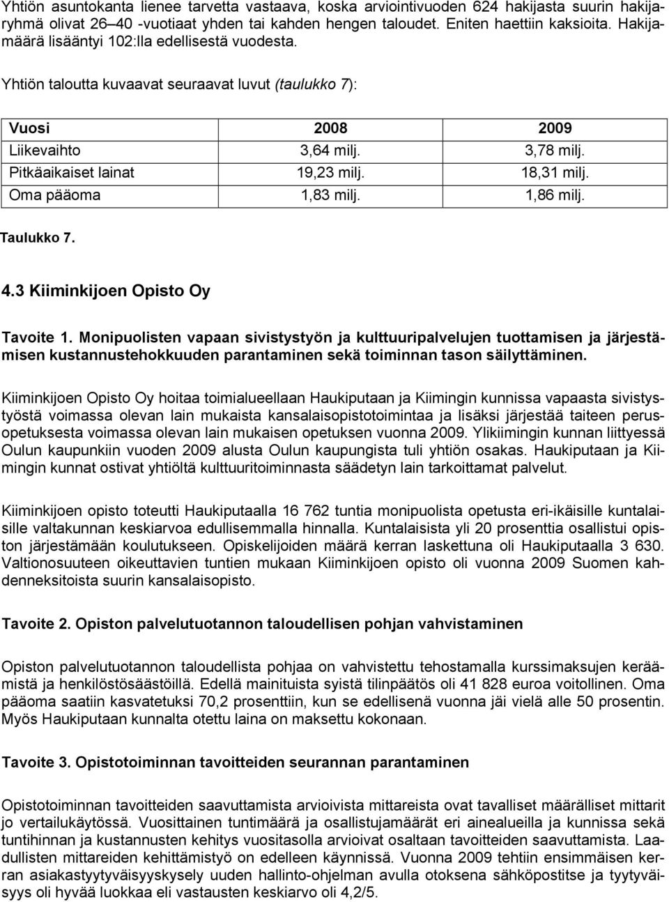 18,31 milj. Oma pääoma 1,83 milj. 1,86 milj. Taulukko 7. 4.3 Kiiminkijoen Opisto Oy Tavoite 1.