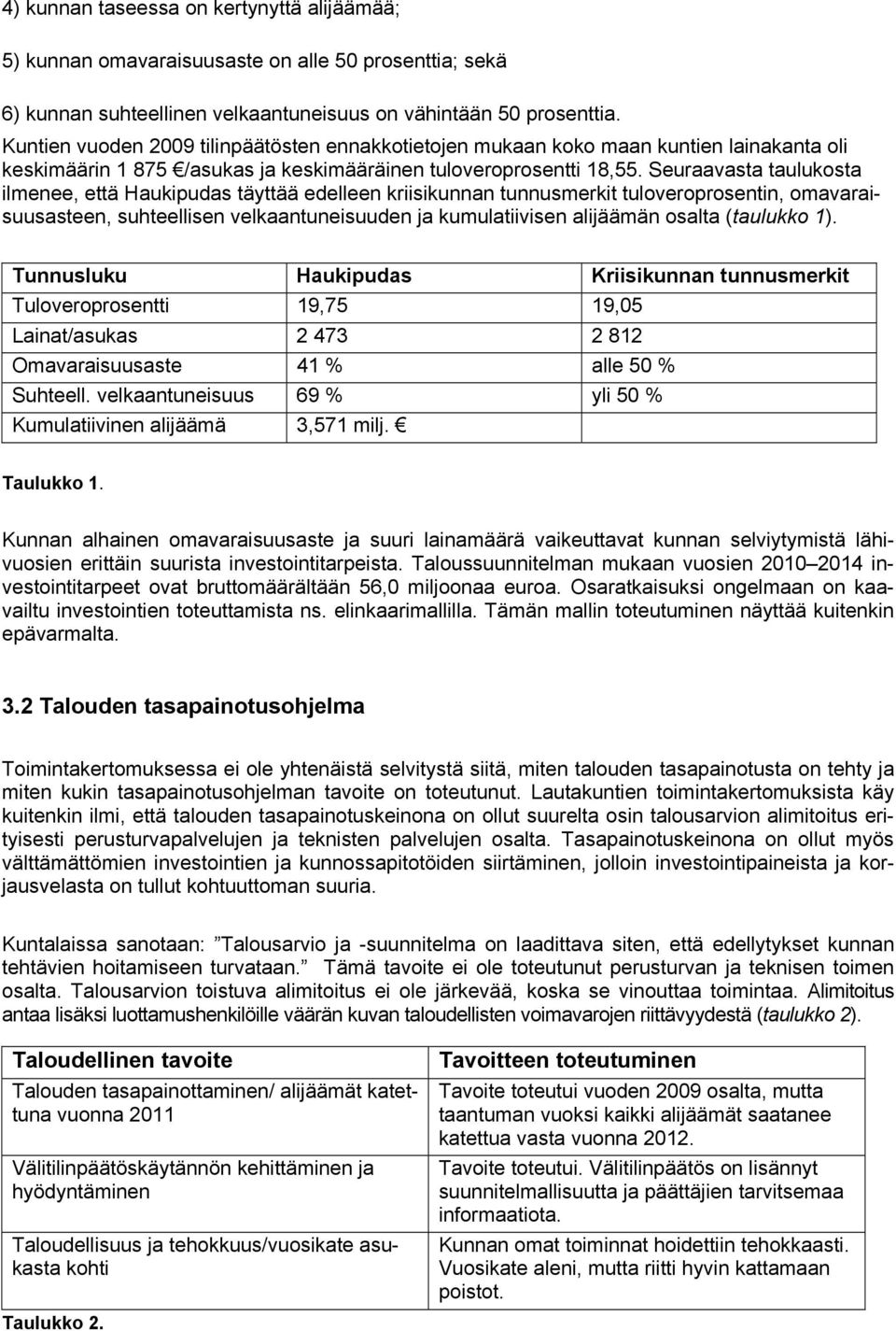 Seuraavasta taulukosta ilmenee, että Haukipudas täyttää edelleen kriisikunnan tunnusmerkit tuloveroprosentin, omavaraisuusasteen, suhteellisen velkaantuneisuuden ja kumulatiivisen alijäämän osalta