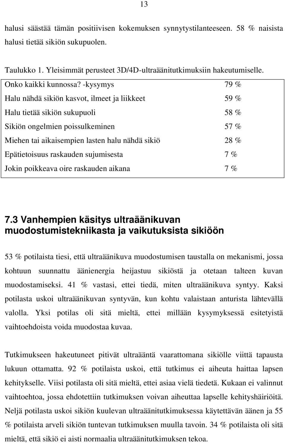 -kysymys 79 % Halu nähdä sikiön kasvot, ilmeet ja liikkeet 59 % Halu tietää sikiön sukupuoli 58 % Sikiön ongelmien poissulkeminen 57 % Miehen tai aikaisempien lasten halu nähdä sikiö 28 %