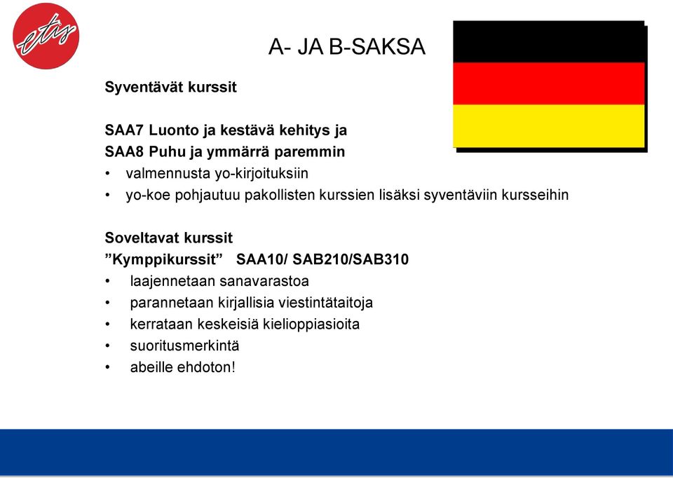 kursseihin Soveltavat kurssit Kymppikurssit SAA10/ SAB210/SAB310 laajennetaan sanavarastoa