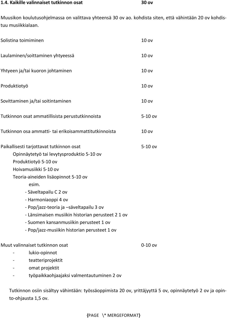 ammatti- tai erikoisammattitutkinnoista Paikallisesti tarjottavat tutkinnon osat Opinnäytetyö tai levytysproduktio 5- Produktiotyö 5- Hoivamusiikki 5- Teoria- aineiden lisäopinnot 5- esim.