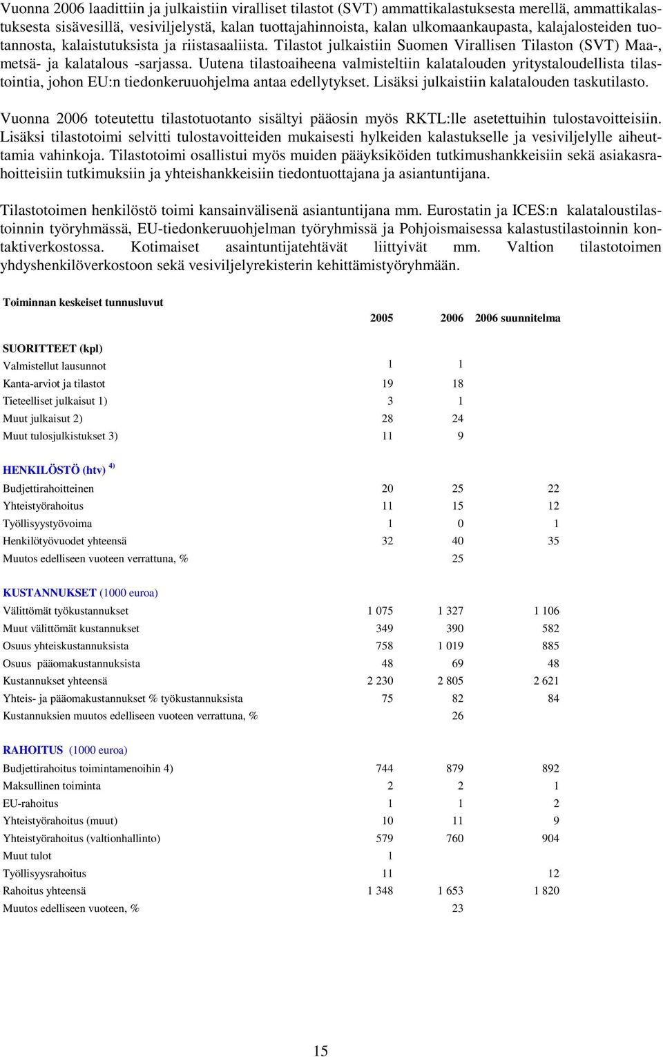 Uutena tilastoaiheena valmisteltiin kalatalouden yritystaloudellista tilastointia, johon EU:n tiedonkeruuohjelma antaa edellytykset. Lisäksi julkaistiin kalatalouden taskutilasto.