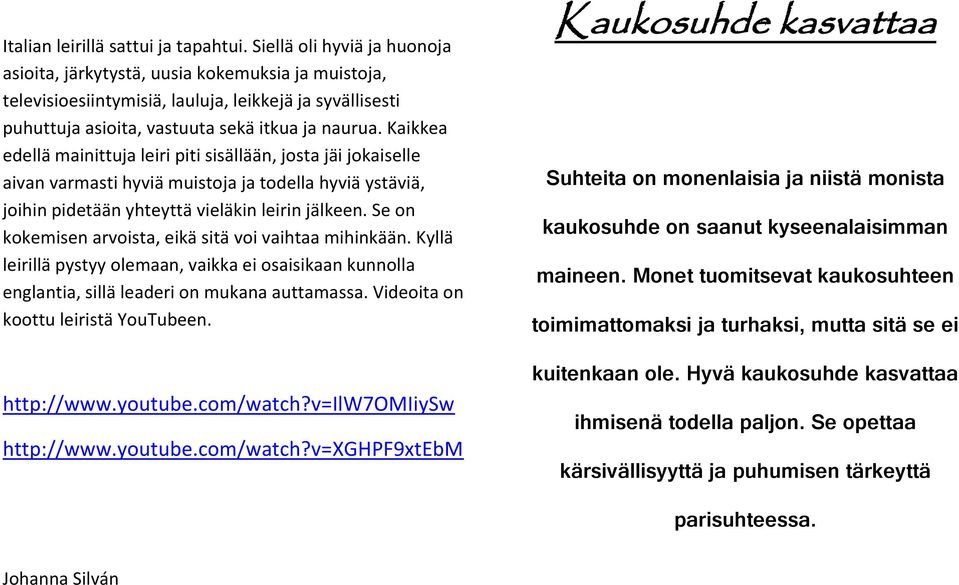 Kaikkea edellä mainittuja leiri piti sisällään, josta jäi jokaiselle aivan varmasti hyviä muistoja ja todella hyviä ystäviä, joihin pidetään yhteyttä vieläkin leirin jälkeen.