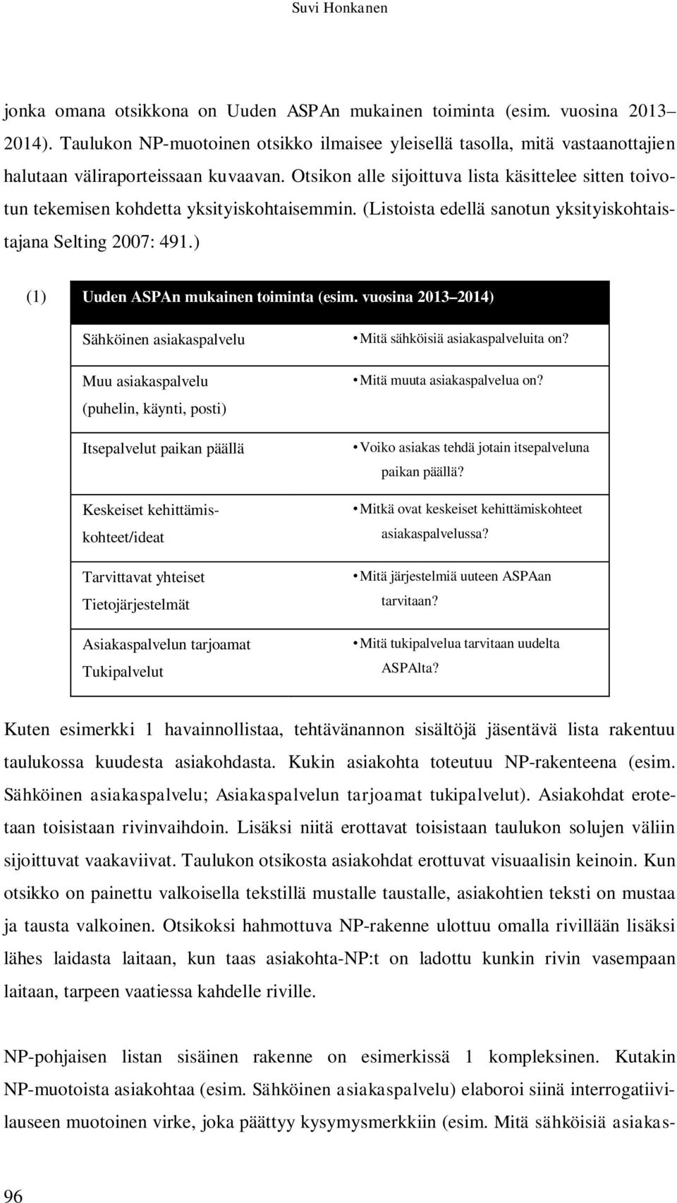 Otsikon alle sijoittuva lista käsittelee sitten toivotun tekemisen kohdetta yksityiskohtaisemmin. (Listoista edellä sanotun yksityiskohtaistajana Selting 2007: 491.