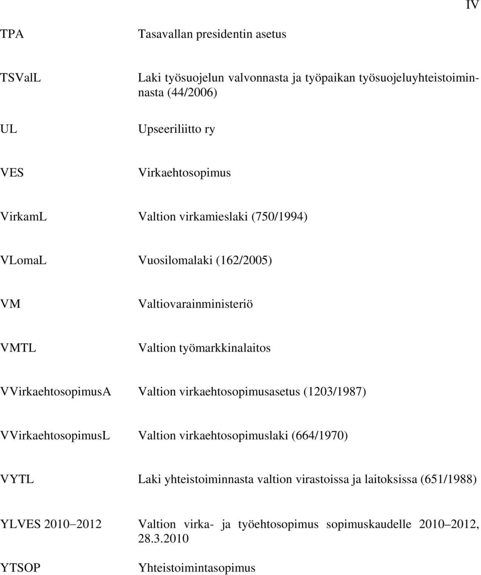 VVirkaehtosopimusA Valtion virkaehtosopimusasetus (1203/1987) VVirkaehtosopimusL Valtion virkaehtosopimuslaki (664/1970) VYTL Laki yhteistoiminnasta