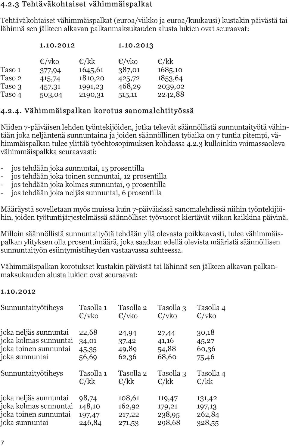 2.4. Vähimmäispalkan korotus sanomalehtityössä Niiden 7-päiväisen lehden työntekijöiden, jotka tekevät säännöllistä sunnuntaityötä vähintään joka neljäntenä sunnuntaina ja joiden säännöllinen työaika