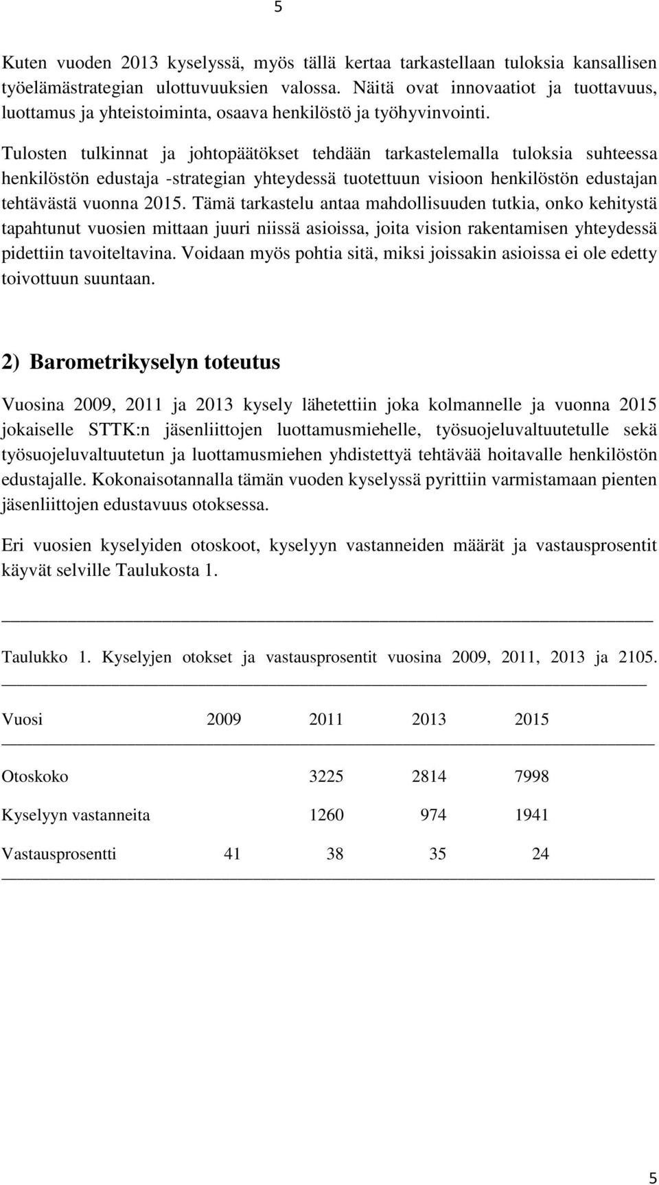 Tulosten tulkinnat ja johtopäätökset tehdään tarkastelemalla tuloksia suhteessa henkilöstön edustaja -strategian yhteydessä tuotettuun visioon henkilöstön edustajan tehtävästä vuonna 2015.