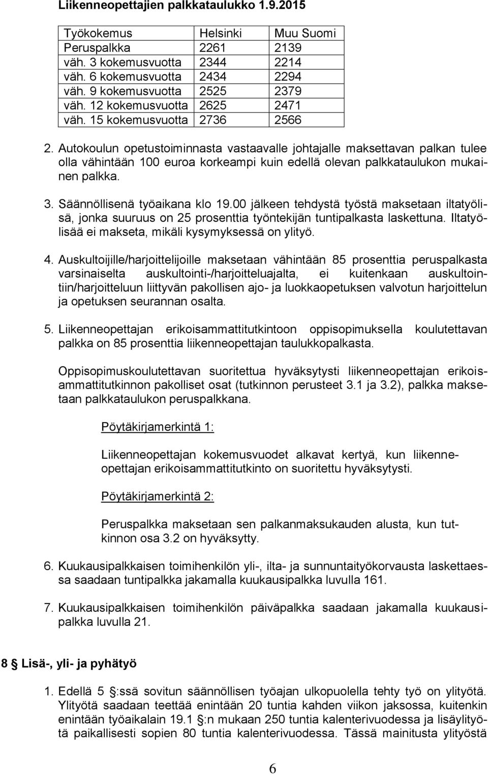 Autokoulun opetustoiminnasta vastaavalle johtajalle maksettavan palkan tulee olla vähintään 100 euroa korkeampi kuin edellä olevan palkkataulukon mukainen palkka. 3. Säännöllisenä työaikana klo 19.