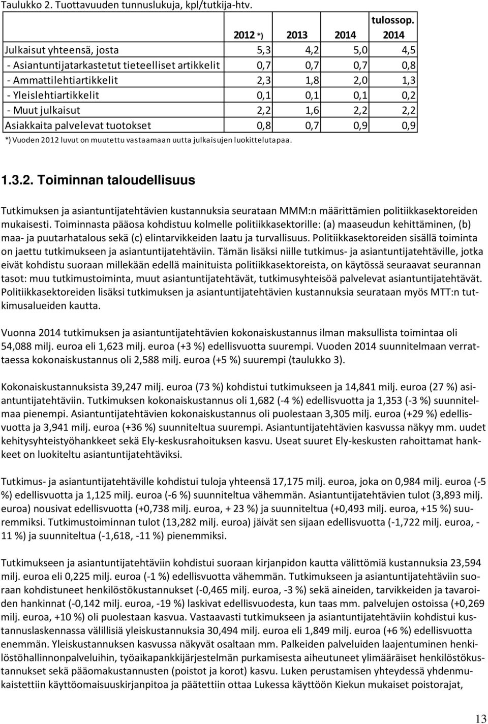 0,1 0,1 0,2 - Muut julkaisut 2,2 1,6 2,2 2,2 Asiakkaita palvelevat tuotokset 0,8 0,7 0,9 0,9 *) Vuoden 2012 luvut on muutettu vastaamaan uutta julkaisujen luokittelutapaa. 1.3.2. Toiminnan taloudellisuus Tutkimuksen ja asiantuntijatehtävien kustannuksia seurataan MMM:n määrittämien politiikkasektoreiden mukaisesti.