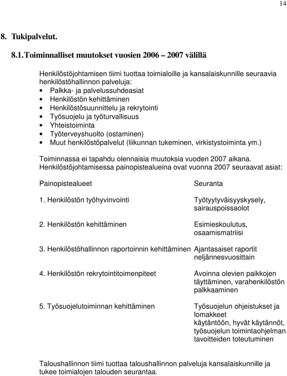 tukeminen, virkistystoiminta ym.) Toiminnassa ei tapahdu olennaisia muutoksia vuoden 2007 aikana.