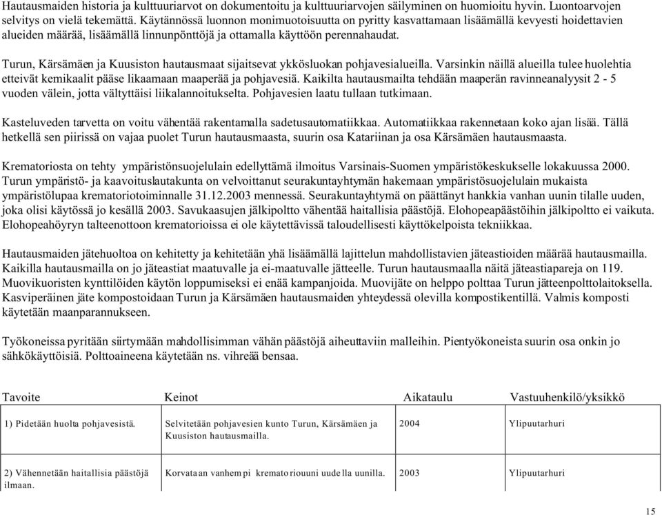 Turun, Kärsämäen ja Kuusiston hautausmaat sijaitsevat ykkösluokan pohjavesialueilla. Varsinkin näillä alueilla tulee huolehtia etteivät kemikaalit pääse likaamaan maaperää ja pohjavesiä.