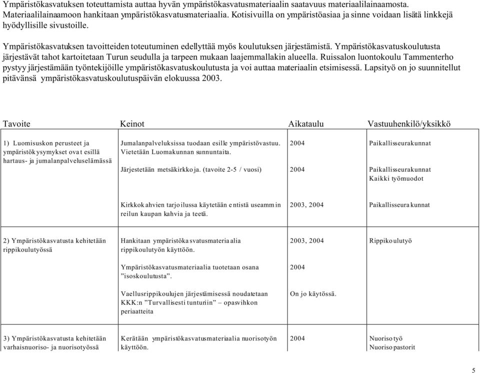 Ympäristökasvatuskoulutusta järjestävät tahot kartoitetaan Turun seudulla ja tarpeen mukaan laajemmallakin alueella.